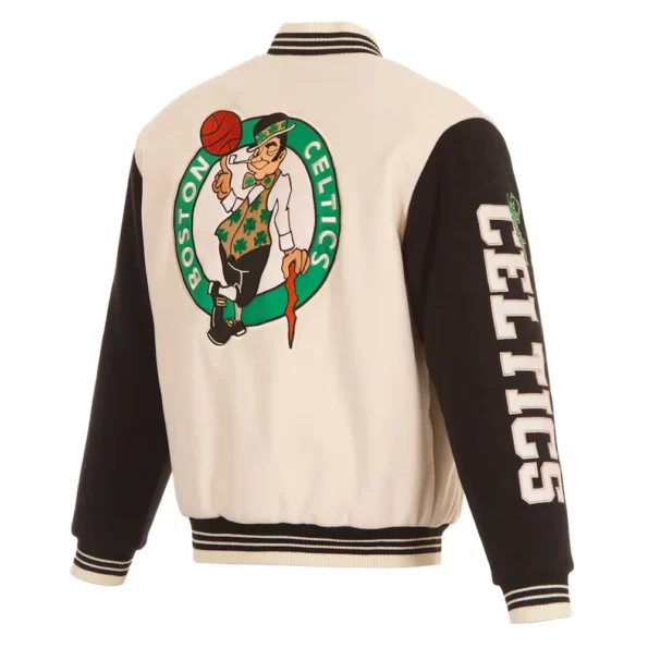 Back view of Boston Celtics cream varsity jacket.