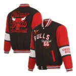 Front view Chicago Bulls black varsity wool jacket photo.