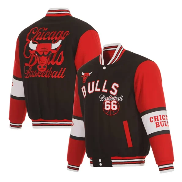 Model wearing Chicago Bulls varsity wool jacket front and back.