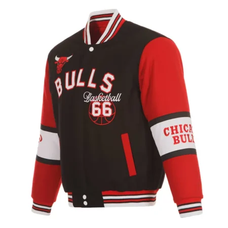 Front view of Chicago Bulls black varsity wool jacket.