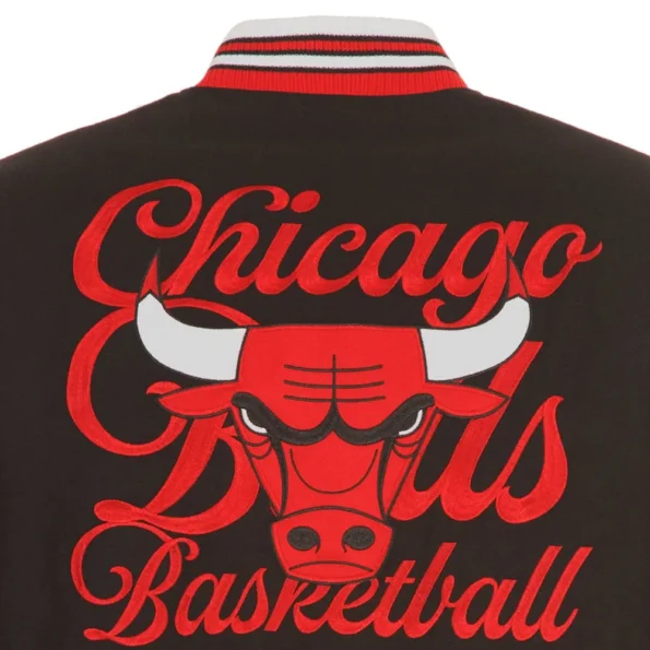 Close-up of Chicago Bulls varsity wool jacket embroidery.