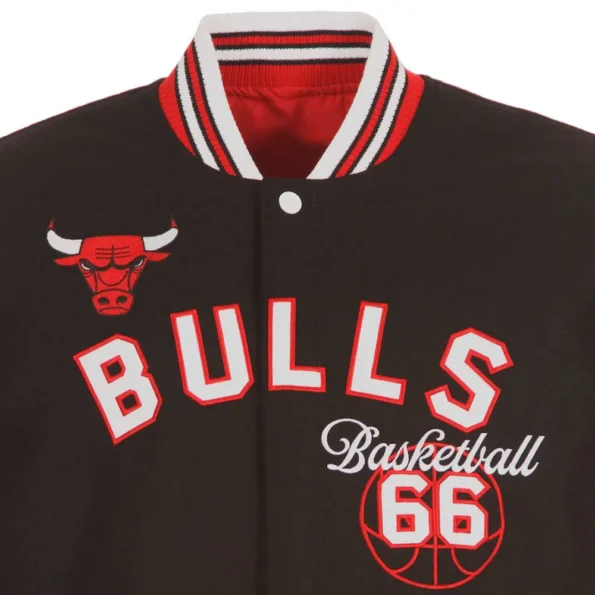 Close-up of Chicago Bulls varsity wool jacket embroidery.