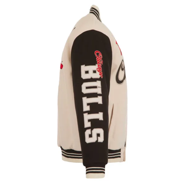 Side view of Chicago Bulls cream varsity jacket.