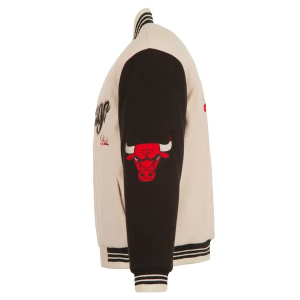 Side view of Chicago Bulls cream varsity jacket.