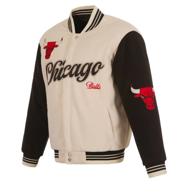 Front view of Chicago Bulls cream varsity jacket.