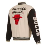 Front view Chicago Bulls cream varsity jacket photo.