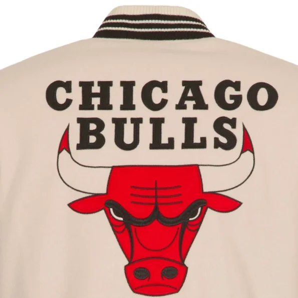 Close-up of Chicago Bulls cream varsity jacket embroidery.