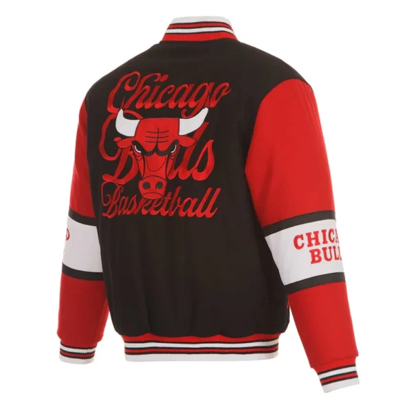 Back view of Chicago Bulls black varsity wool jacket.