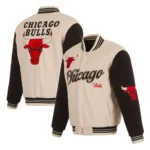 Front view Chicago Bulls cream varsity jacket photo.