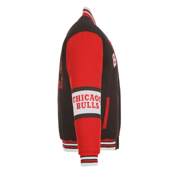 Side view of Chicago Bulls black varsity wool jacket.