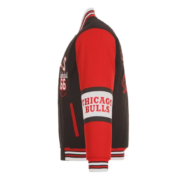 Side view of Chicago Bulls black varsity wool jacket.