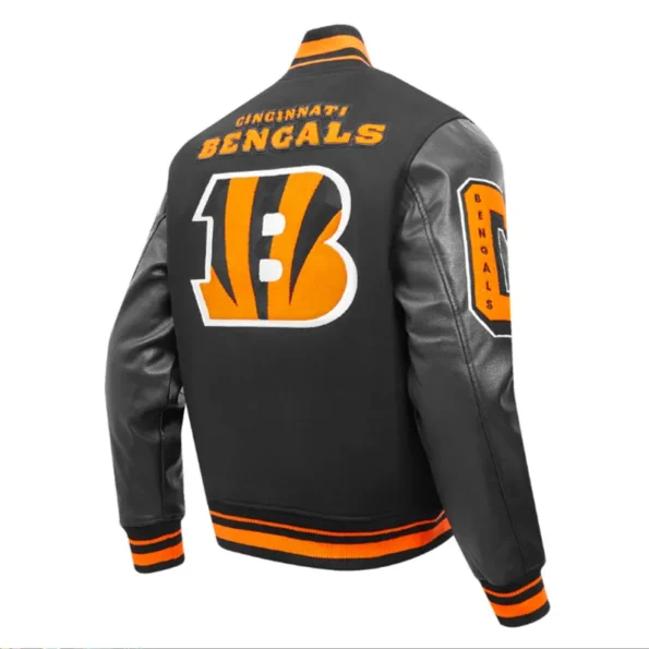 Side view of Cincinnati Bengals mashup varsity jacket.