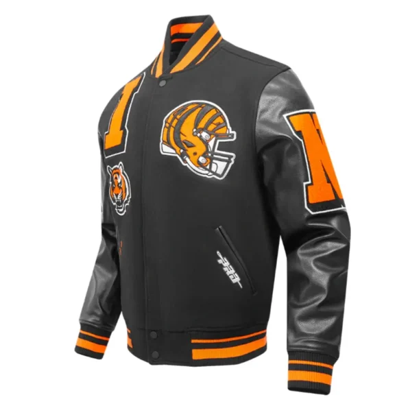 Side view of Cincinnati Bengals mashup varsity jacket.