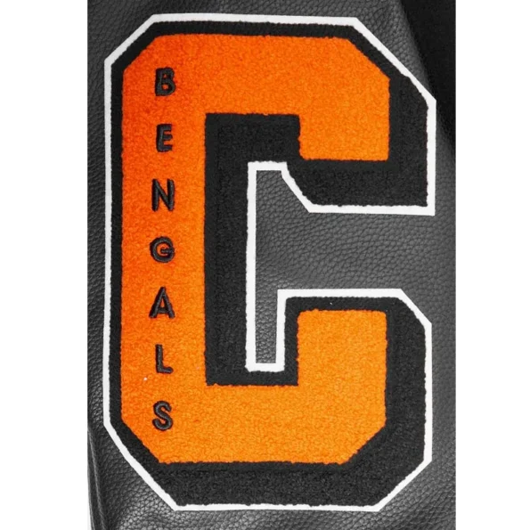 Close-up of Cincinnati Bengals mashup varsity jacket embroidery.