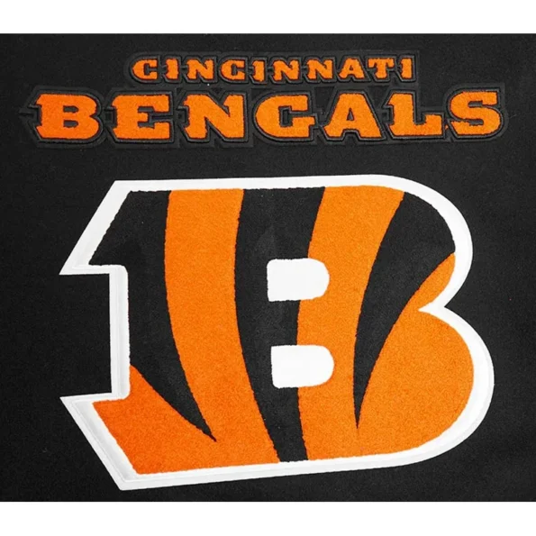 Close-up of Cincinnati Bengals mashup varsity jacket embroidery.