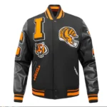 Front view of Cincinnati Bengals mashup varsity jacket.