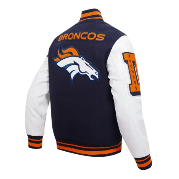 Side view of Denver Broncos mashup rib varsity jacket.