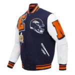 Front view Denver Broncos mashup rib varsity jacket photo.