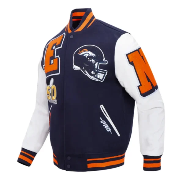 Side view of Denver Broncos mashup rib varsity jacket.