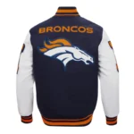 Front view Denver Broncos mashup rib varsity jacket photo.