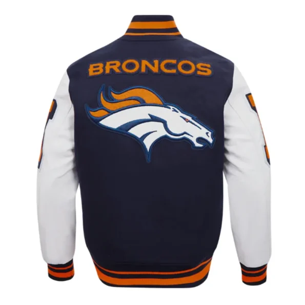 Back view of Denver Broncos mashup rib varsity jacket.