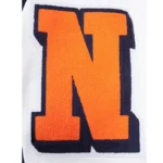 Front view Denver Broncos mashup rib varsity jacket photo.