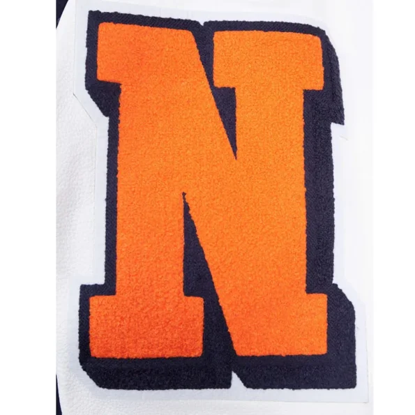 Close-up of Denver Broncos mashup rib varsity jacket embroidery.