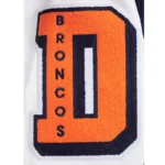 Front view Denver Broncos mashup rib varsity jacket photo.