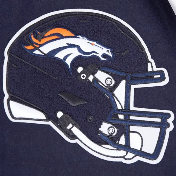 Close-up of Denver Broncos mashup rib varsity jacket embroidery.