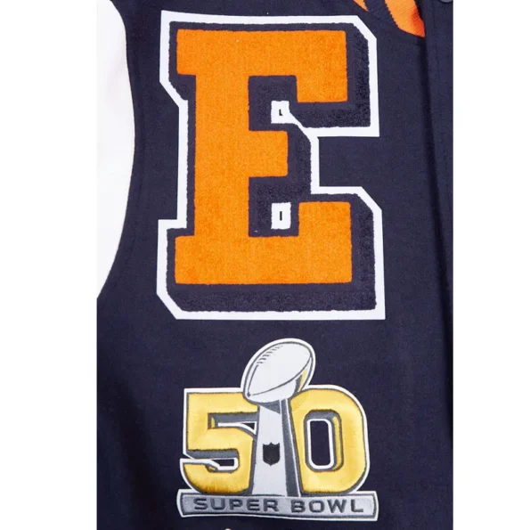 Close-up of Denver Broncos mashup rib varsity jacket embroidery.