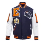 Front view Denver Broncos mashup rib varsity jacket photo.