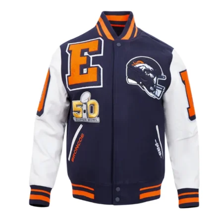 Front view of Denver Broncos mashup rib varsity jacket.