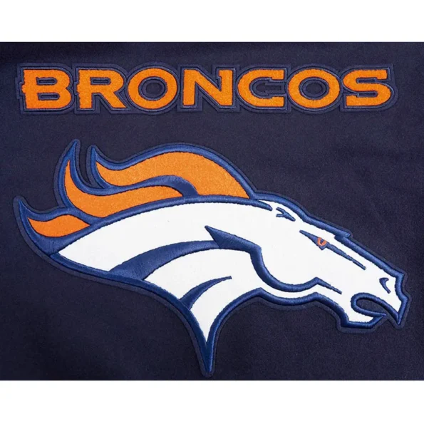 Close-up of Denver Broncos mashup rib varsity jacket embroidery.