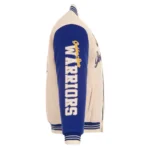 Front view Golden State Warriors cream varsity jacket photo.