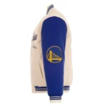 Front view Golden State Warriors cream varsity jacket photo.