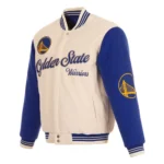 Front view of Golden State Warriors cream varsity jacket.