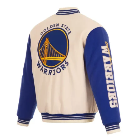 Back view of Golden State Warriors cream varsity jacket.