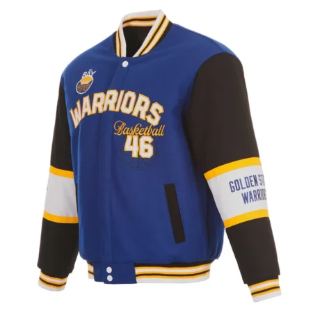 Front view of Golden State Warriors varsity wool jacket.