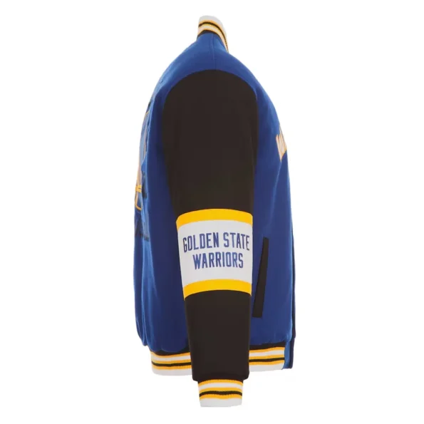 Side view of Golden State Warriors varsity wool jacket.