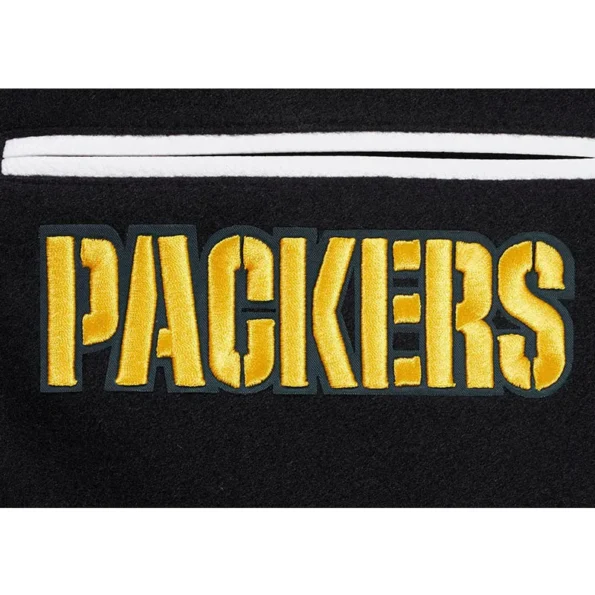 Close-up of Green Bay Packers rib varsity jacket embroidery.