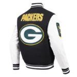 Front view Green Bay Packers rib varsity jacket photo.