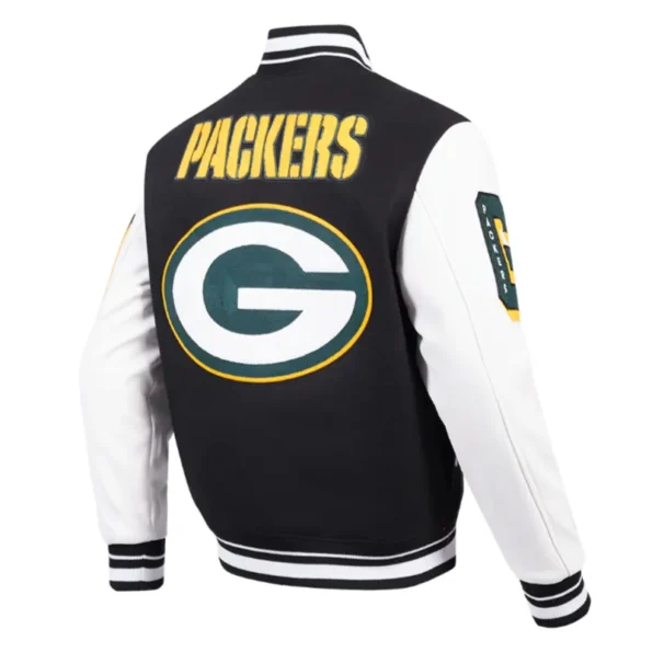 Side view of Green Bay Packers rib varsity jacket.