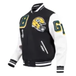 Front view Green Bay Packers rib varsity jacket photo.