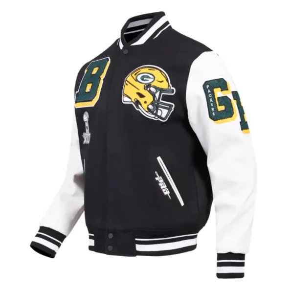 Side view of Green Bay Packers rib varsity jacket.