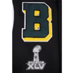 Front view Green Bay Packers rib varsity jacket photo.