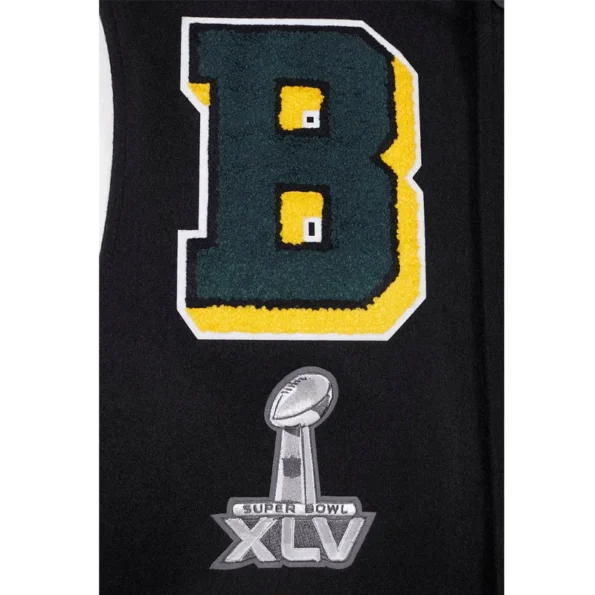 Close-up of Green Bay Packers rib varsity jacket embroidery.