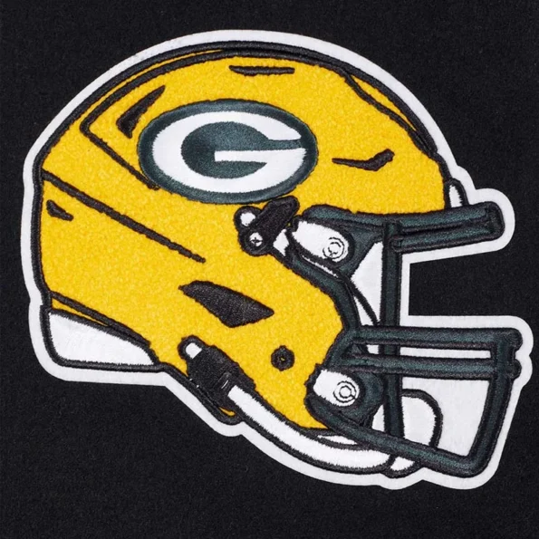 Close-up of Green Bay Packers rib varsity jacket embroidery.