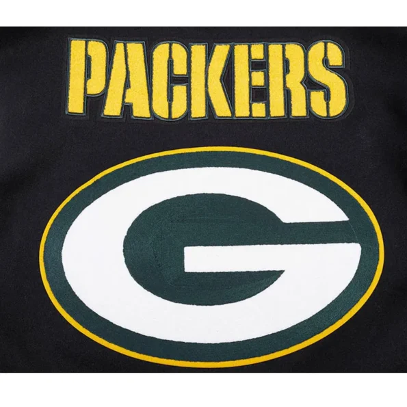 Close-up of Green Bay Packers rib varsity jacket embroidery.