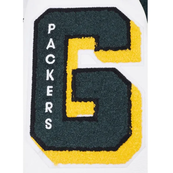 Close-up of Green Bay Packers rib varsity jacket embroidery.