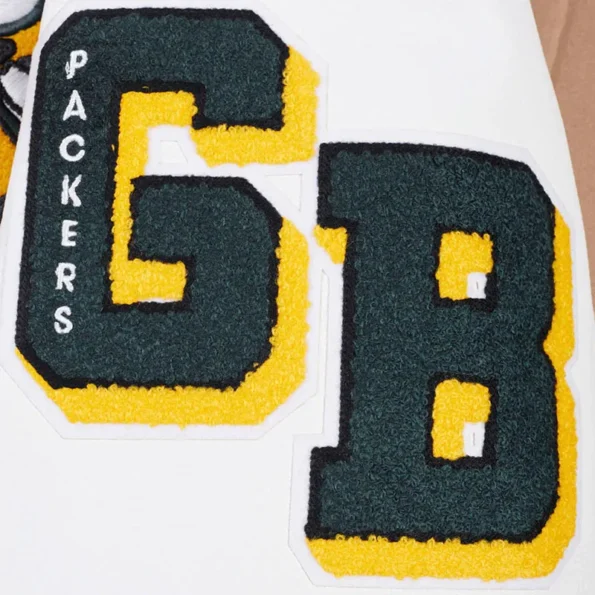 Close-up of Green Bay Packers rib varsity jacket embroidery.